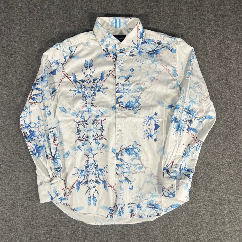 Robert Graham Tailored Fit Men XL Floral Button Down Shirt Blue White LongSleeve
